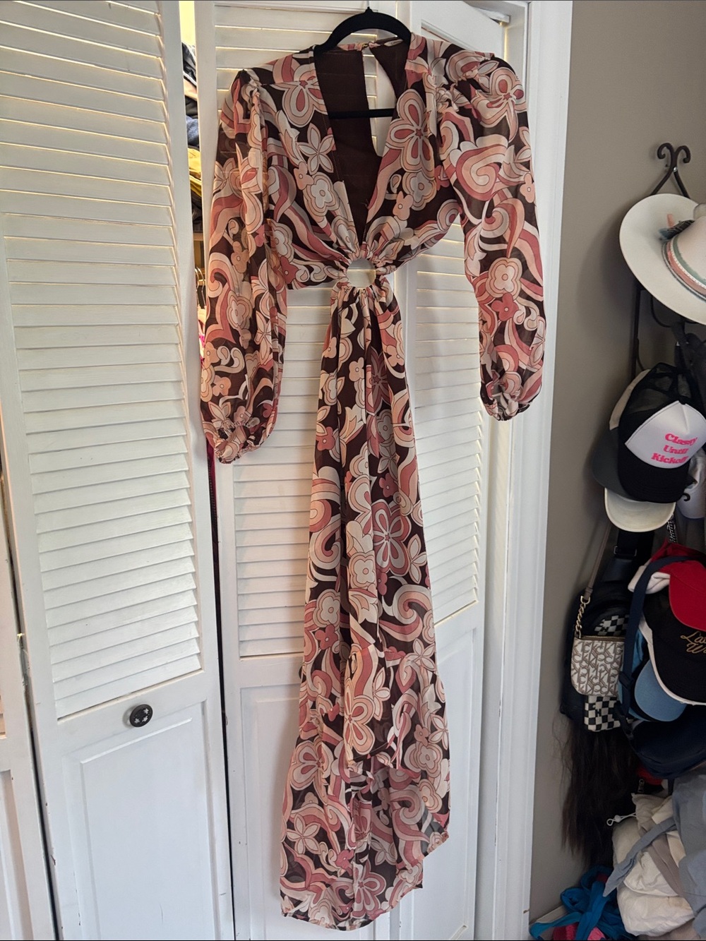 Floral 70s Inspired Maxi Dress in Brown and Pink